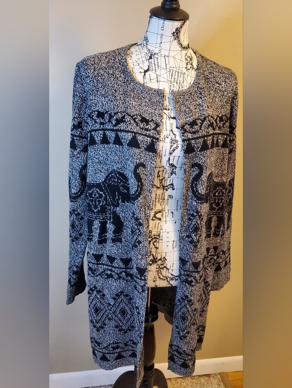 Cato Large Open Cardigan Sweater Gray Black Elephant Boho Tribal Southwestern